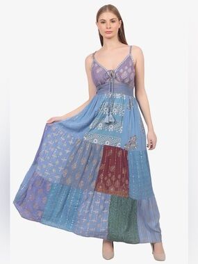 26428 Boho Patchwork Maxi Dress in Blue and Lavender
